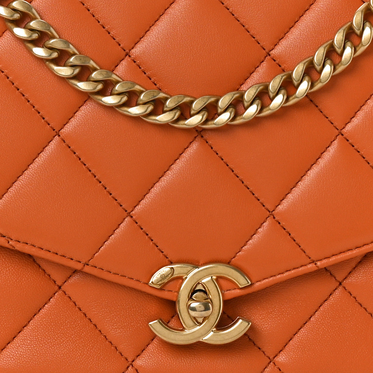 Calfskin Quilted Top Handle Flap Orange