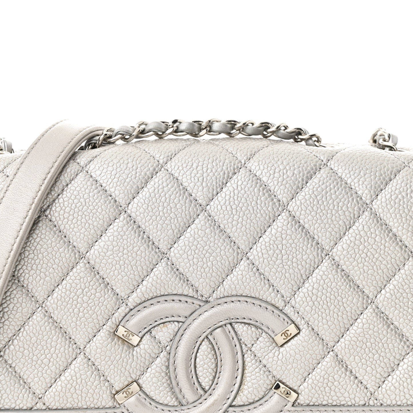 Metallic Caviar Quilted Small CC Filigree Flap Silver
