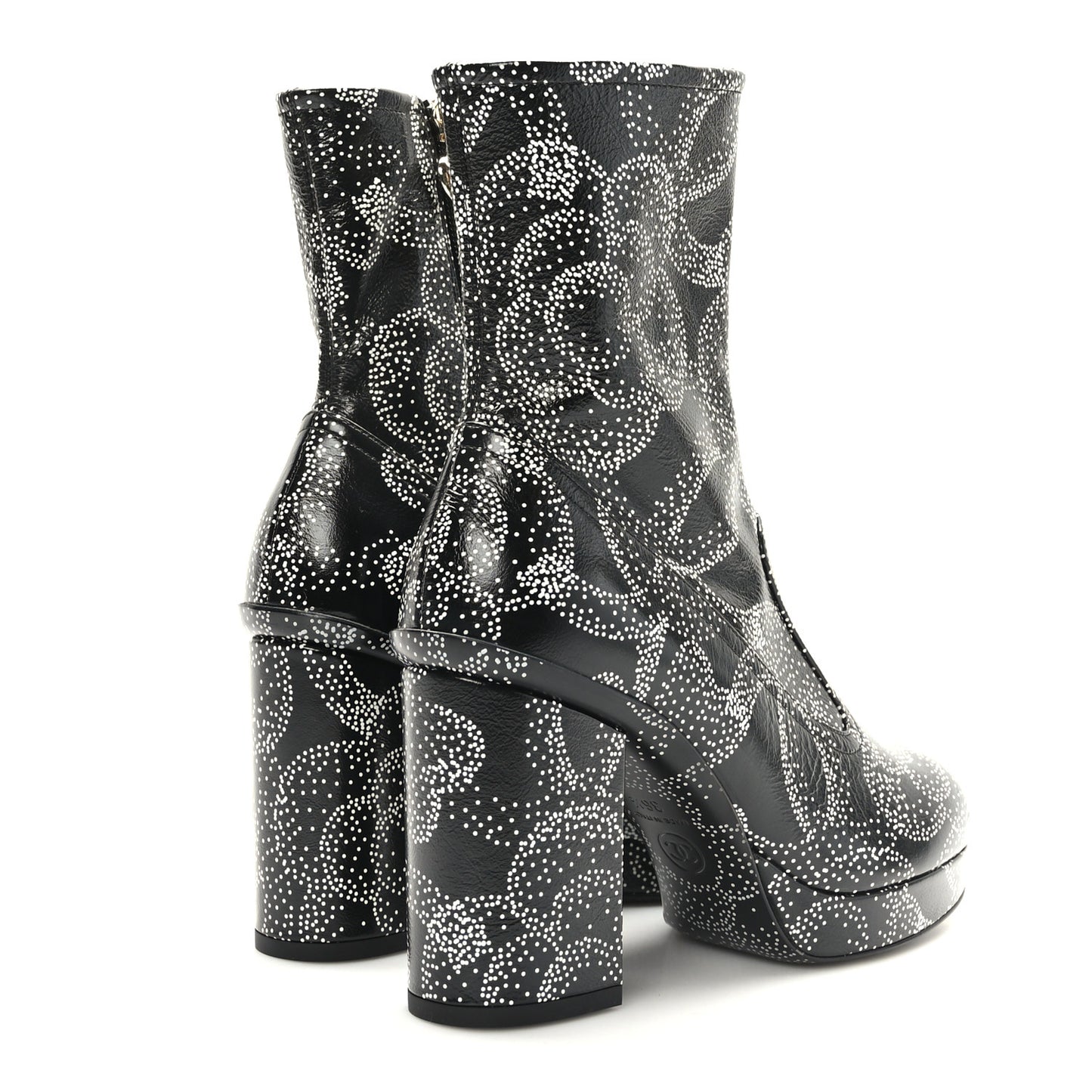 Calfskin Camellia Printed Ankle Boots 36.5 Black White