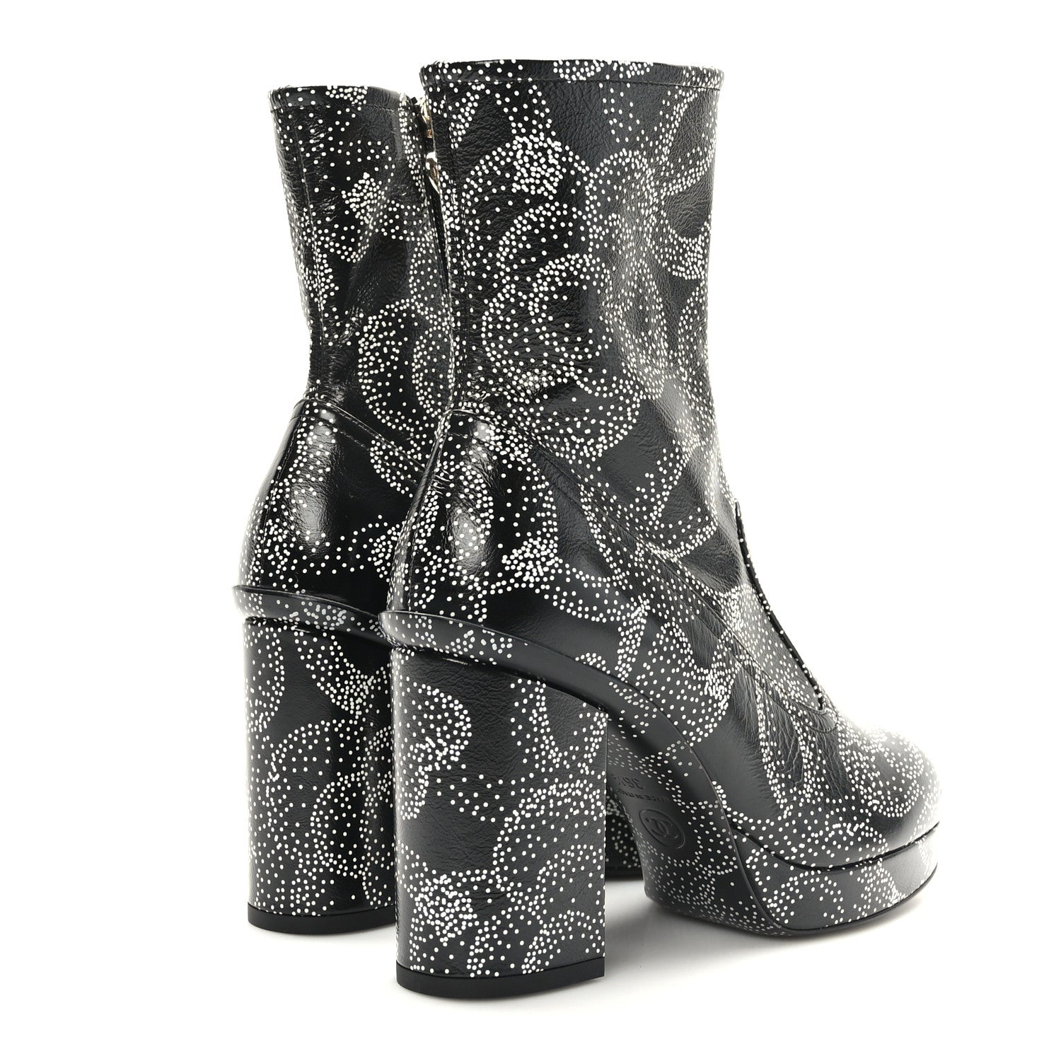 Chanel Calfskin Camellia Printed Ankle Boots 36.5 Black White 4 of 8
