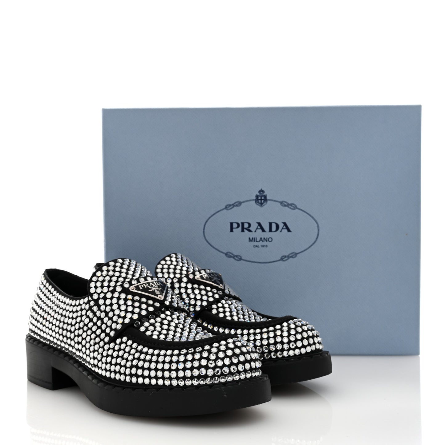 Satin Crystal Metal Triangle Logo 50mm Loafers 37.5 Cristal