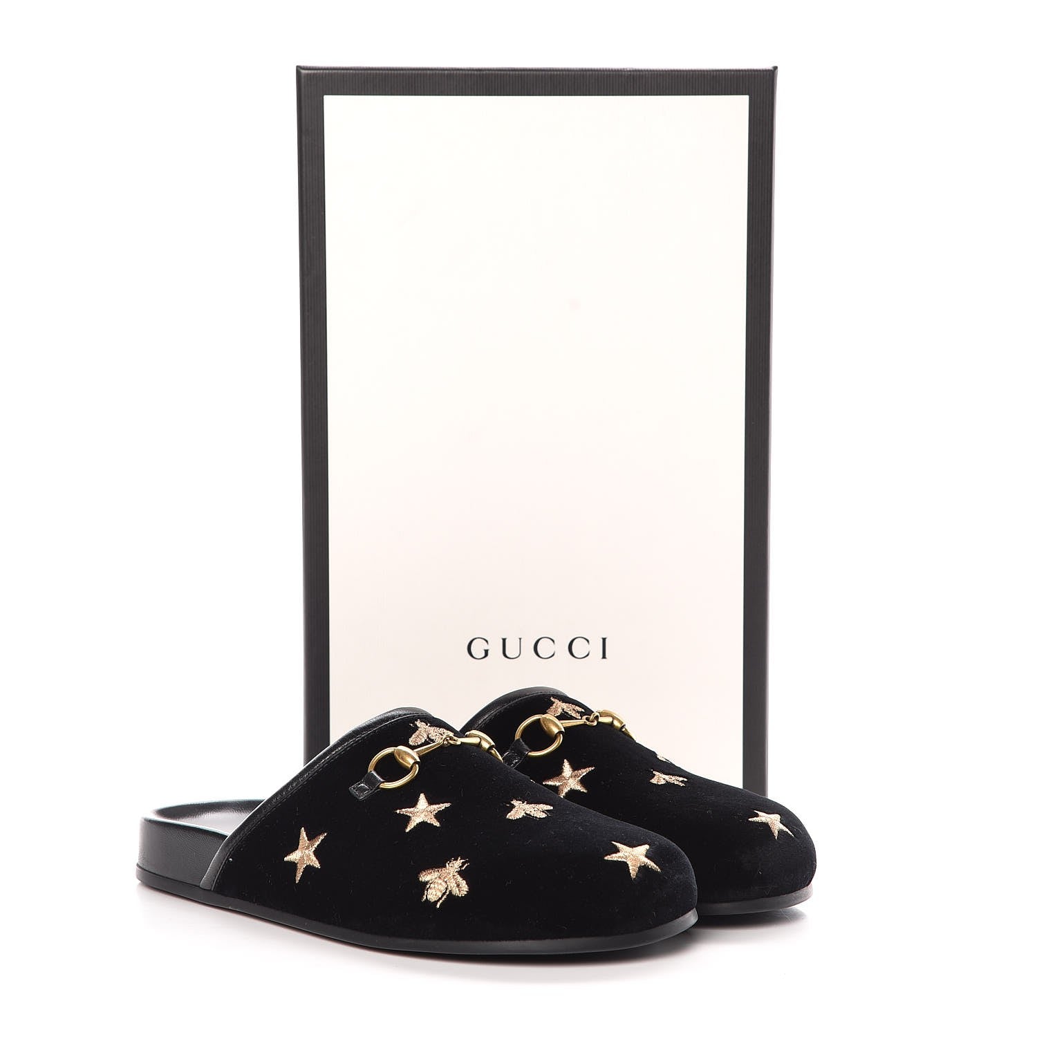 Gucci Softy Velvet Malaga Kid Bee Star Embroidered Womens Horsebit River Slippers 36 Black 12 of 12