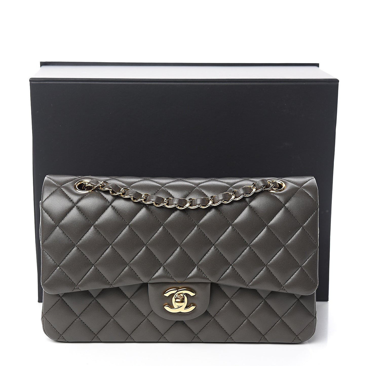 Lambskin Quilted Medium Double Flap Dark Grey