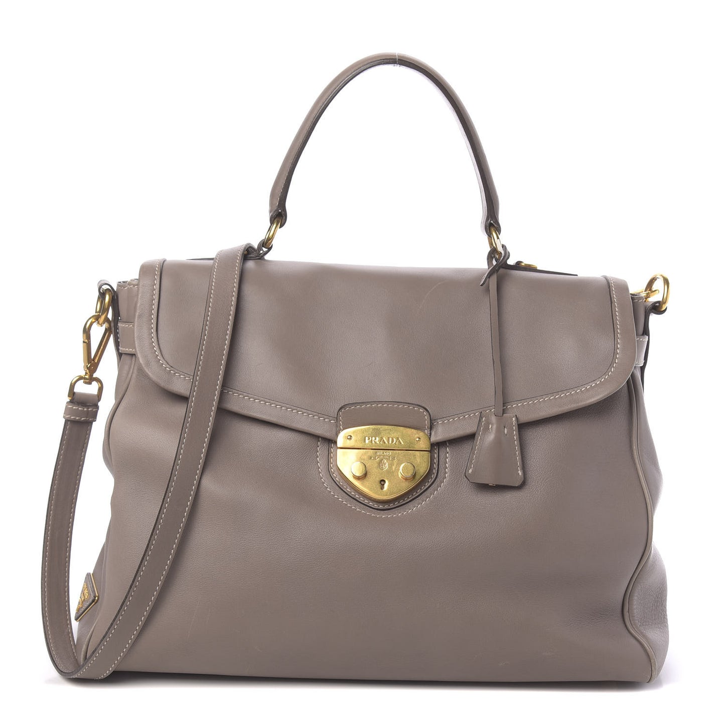 City Calfskin Foldover Pushlock Top Handle Satchel Argilla