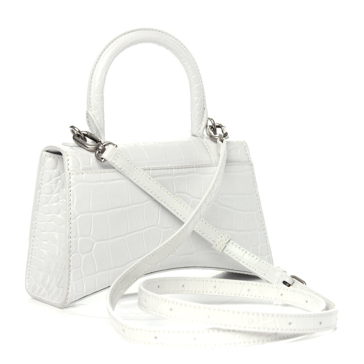 Shiny Calfskin Crocodile Embossed Hourglass Top Handle Bag XS White