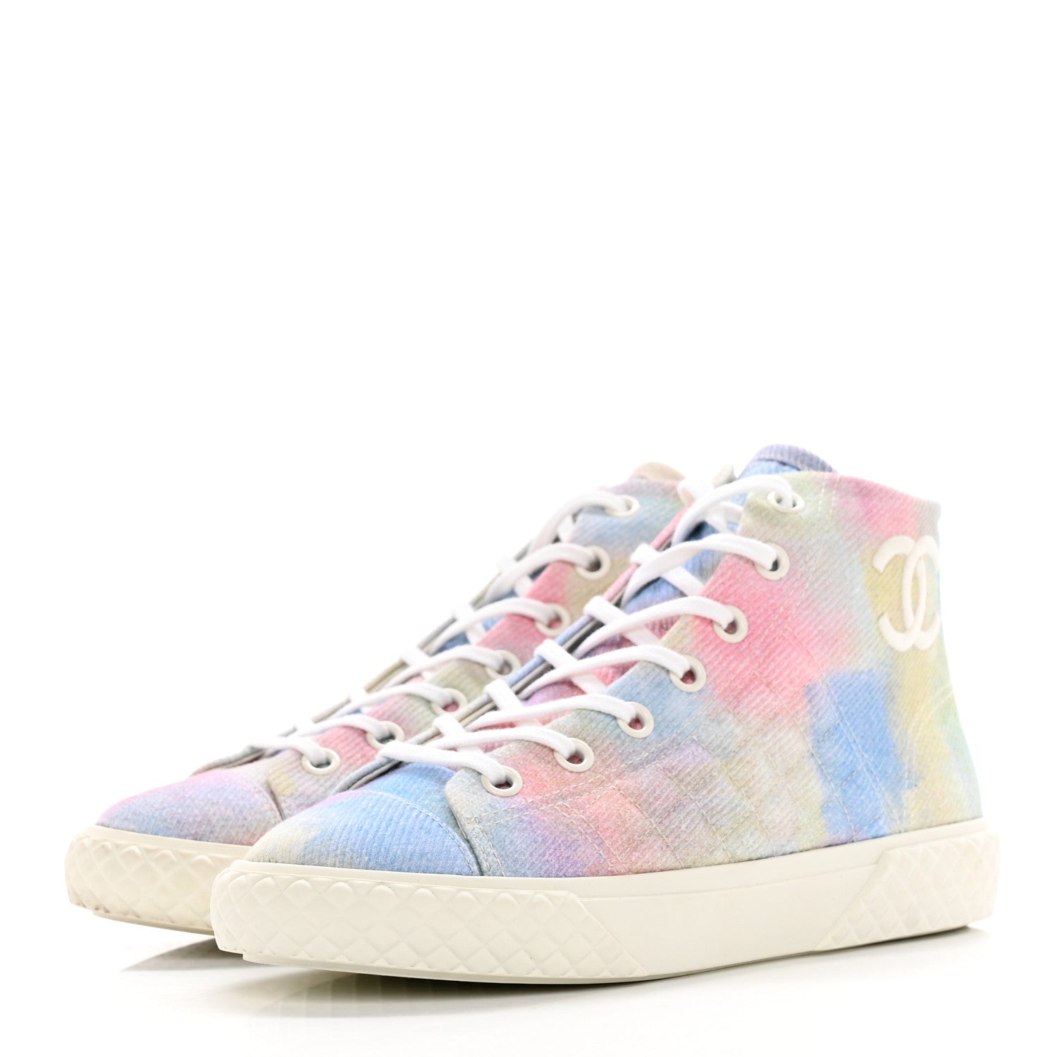 Chanel Printed Fabric Quilted High Top Sneakers 38.5 Green Pink Blue 3 of 13