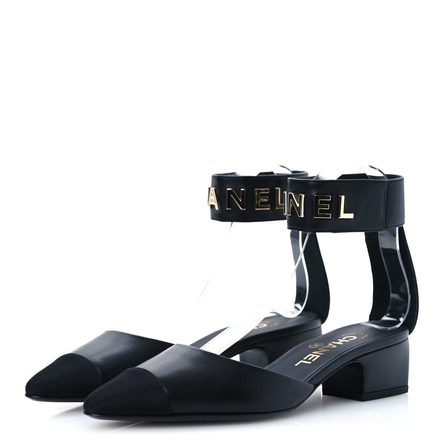 Chanel Lambskin Grosgrain Cap Toe Logo Ankle Strap Pumps 36.5 Black 4 of 12