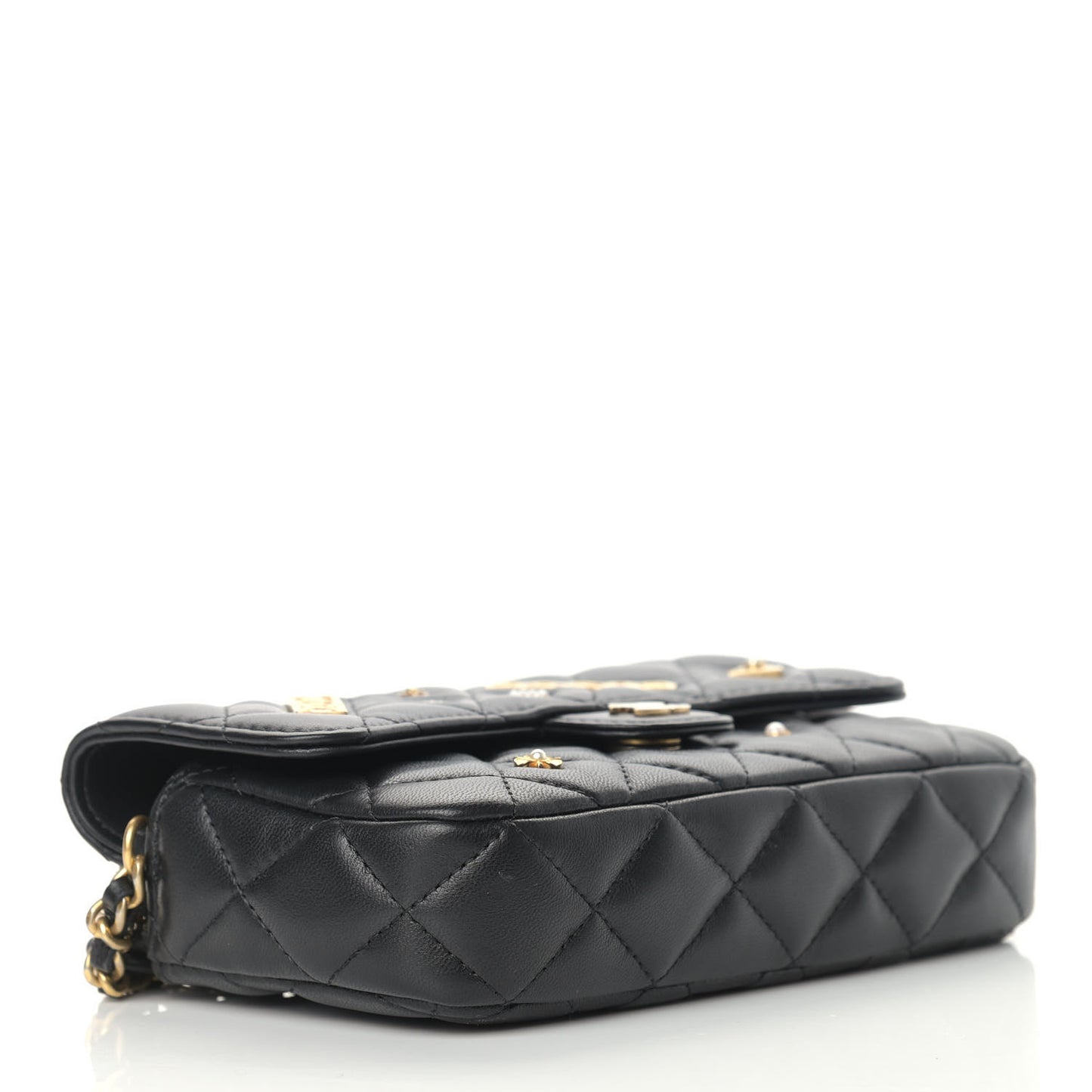 Lambskin Quilted Charm Flap Phone Holder With Chain Black