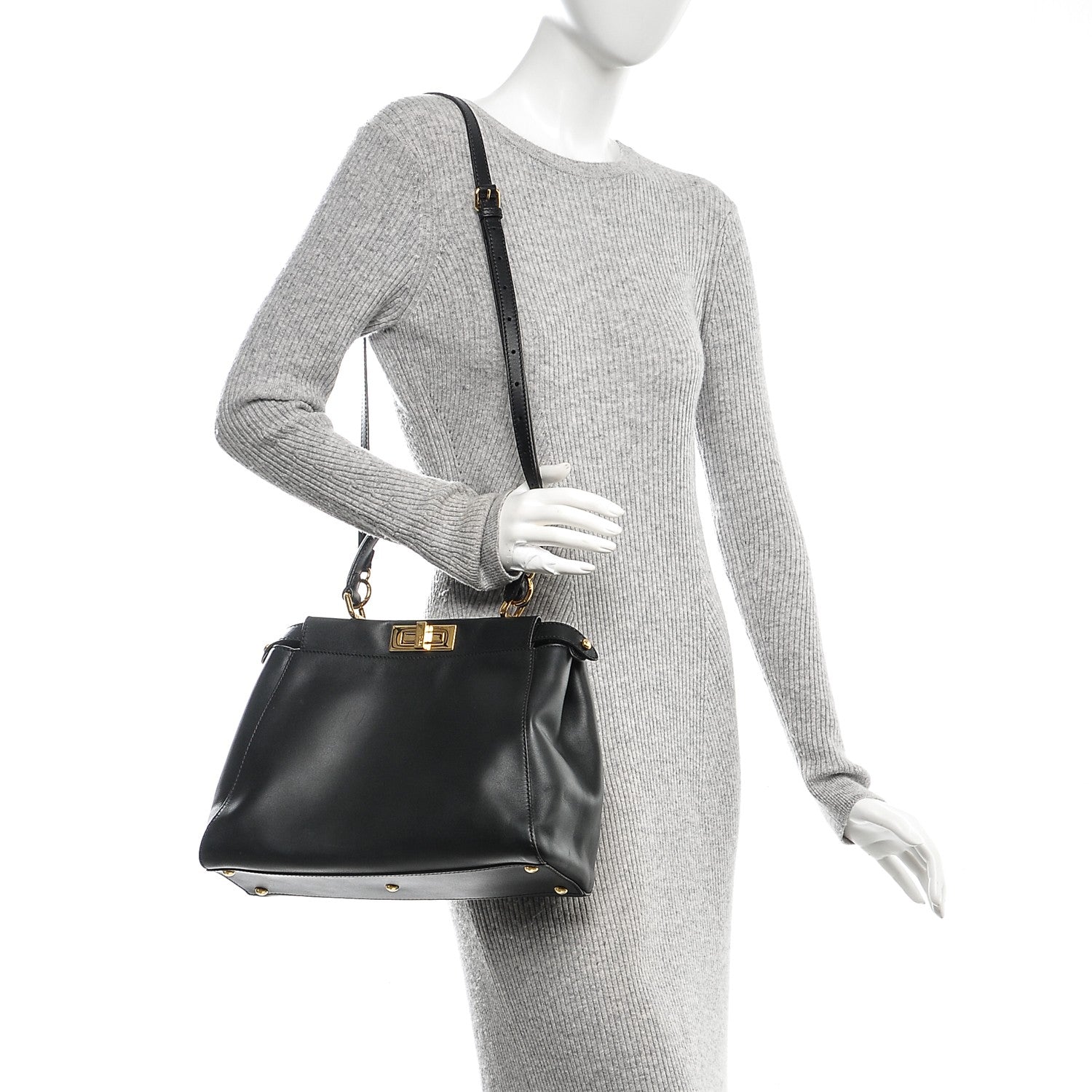 Fendi Vitello Morgan Fabric Jacquard Pequin Medium Peekaboo Iconic Satchel Black Tobacco 2 of 7