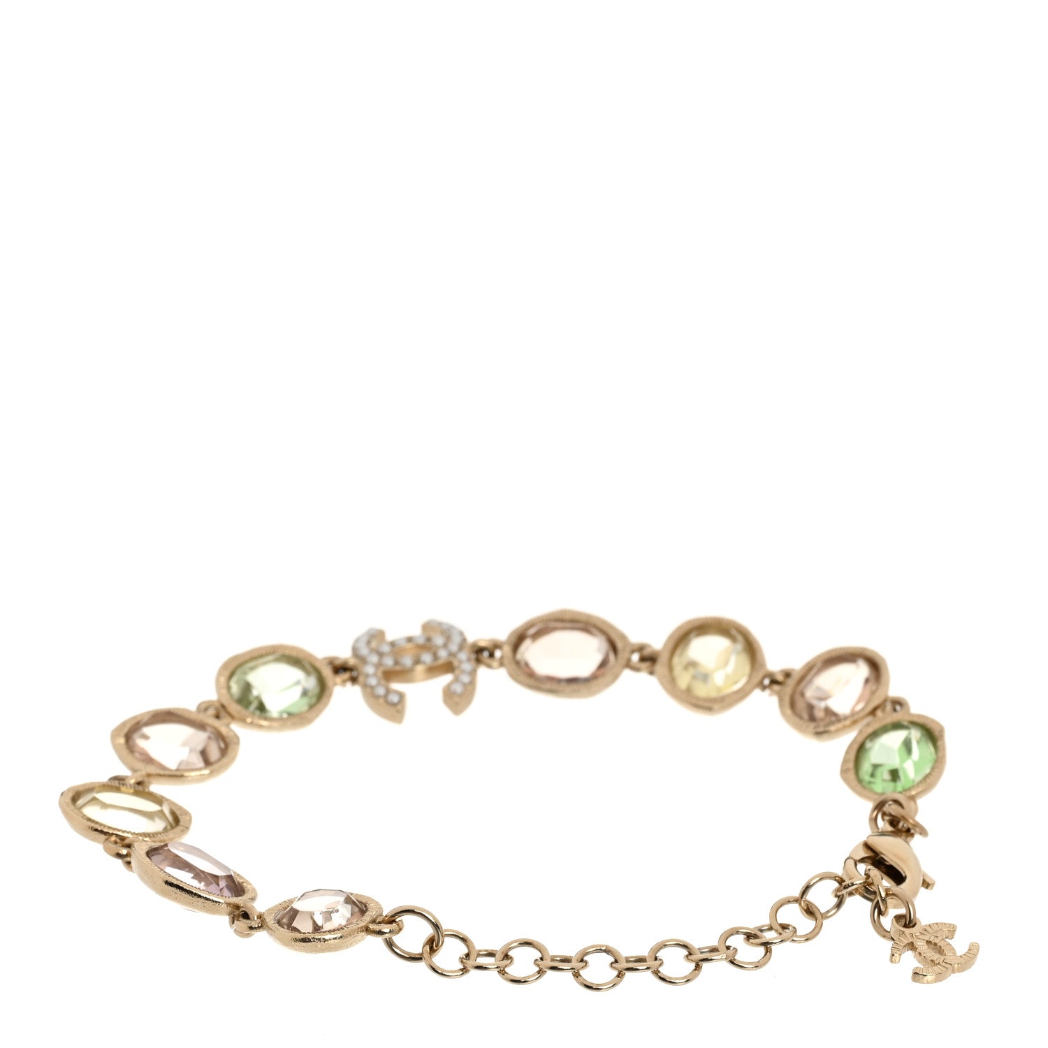 Chanel Metal Glass Crystal Strass Pearl CC Chain Bracelet Gold Multicolor Pearly White 2 of 4