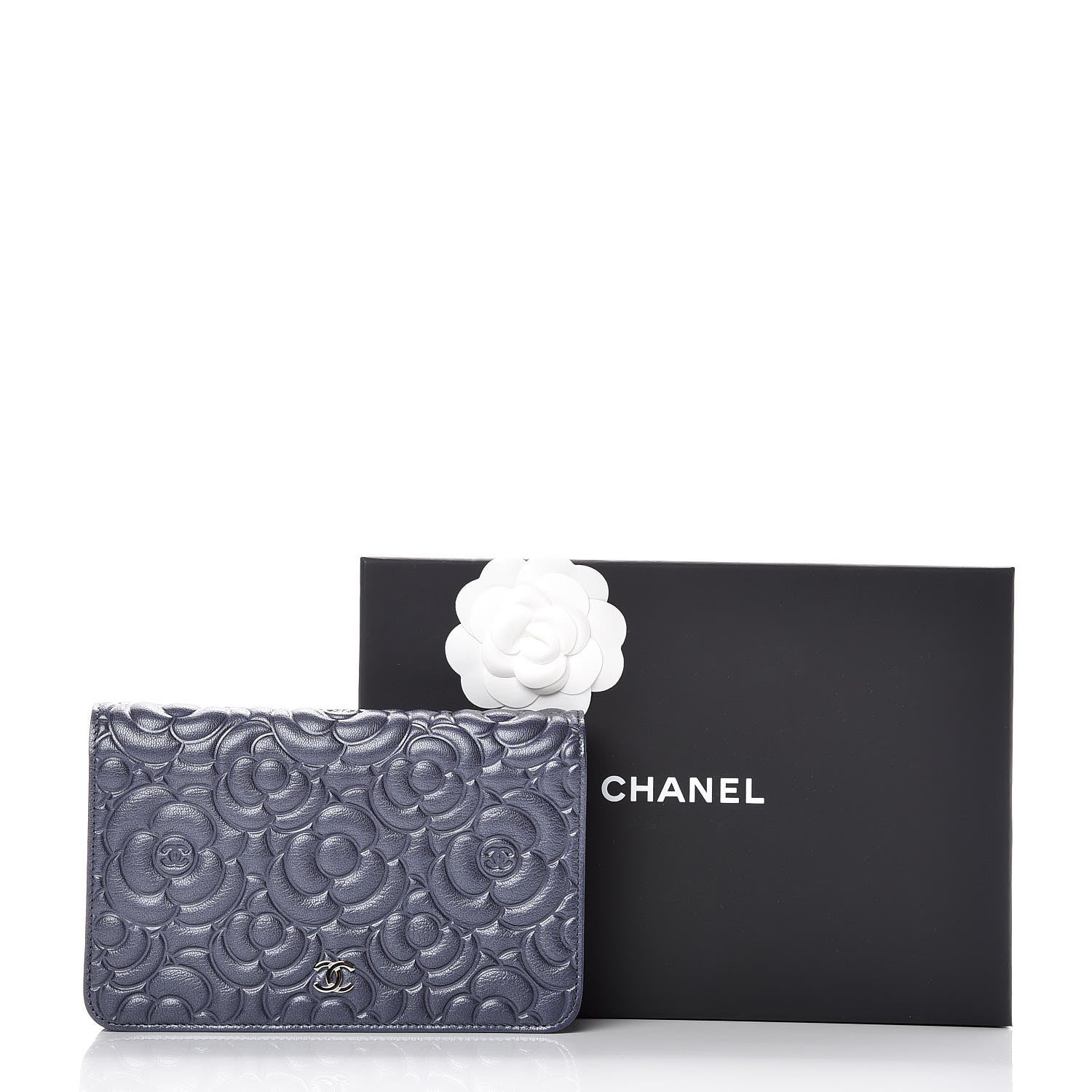 Chanel Goatskin Camellia Embossed Wallet On Chain WOC Dark Blue 10 of 10