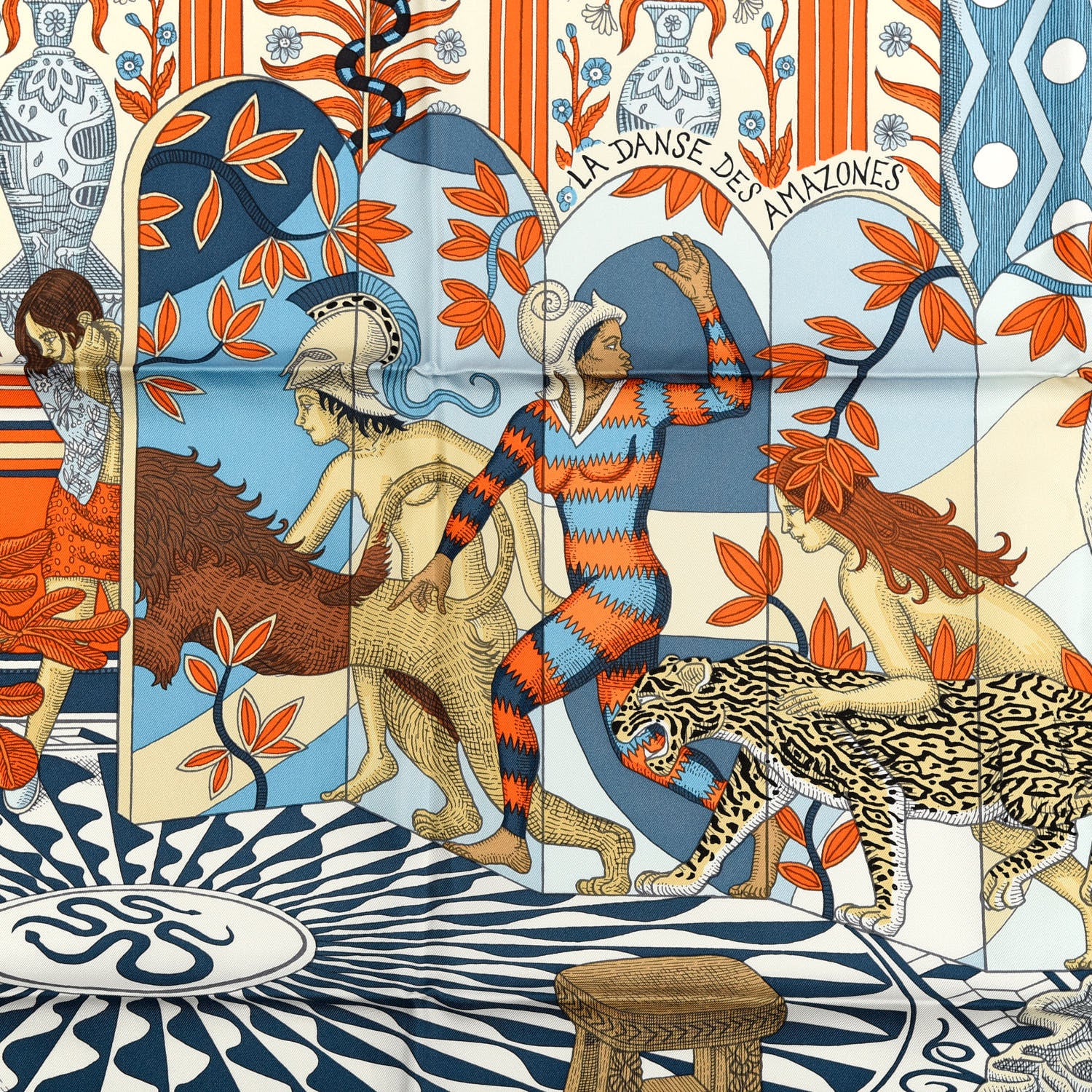 Hermes Silk La Danse Des Amazones Scarf 90 Bleu Jean Orange 2 of 4