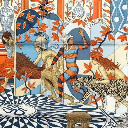 Hermes Silk La Danse Des Amazones Scarf 90 Bleu Jean Orange 2 of 4