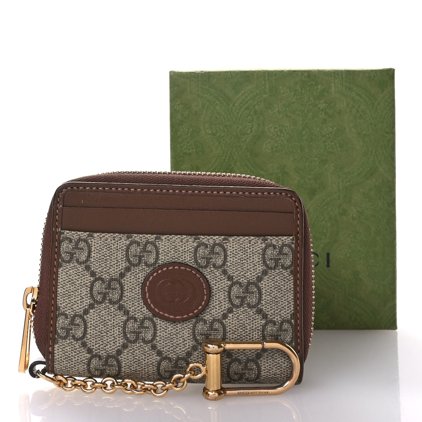 GG Supreme Monogram Azalea Calfskin Retro Interlocking G Compact Wallet Beige Ebony Brown Sugar