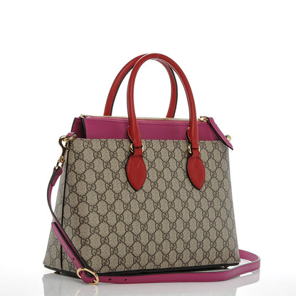 Gucci GG Supreme Monogram Moon Calfskin Small Zip Top Tote Beige Ebony Hibiscus Red New Rosette 3 of 7
