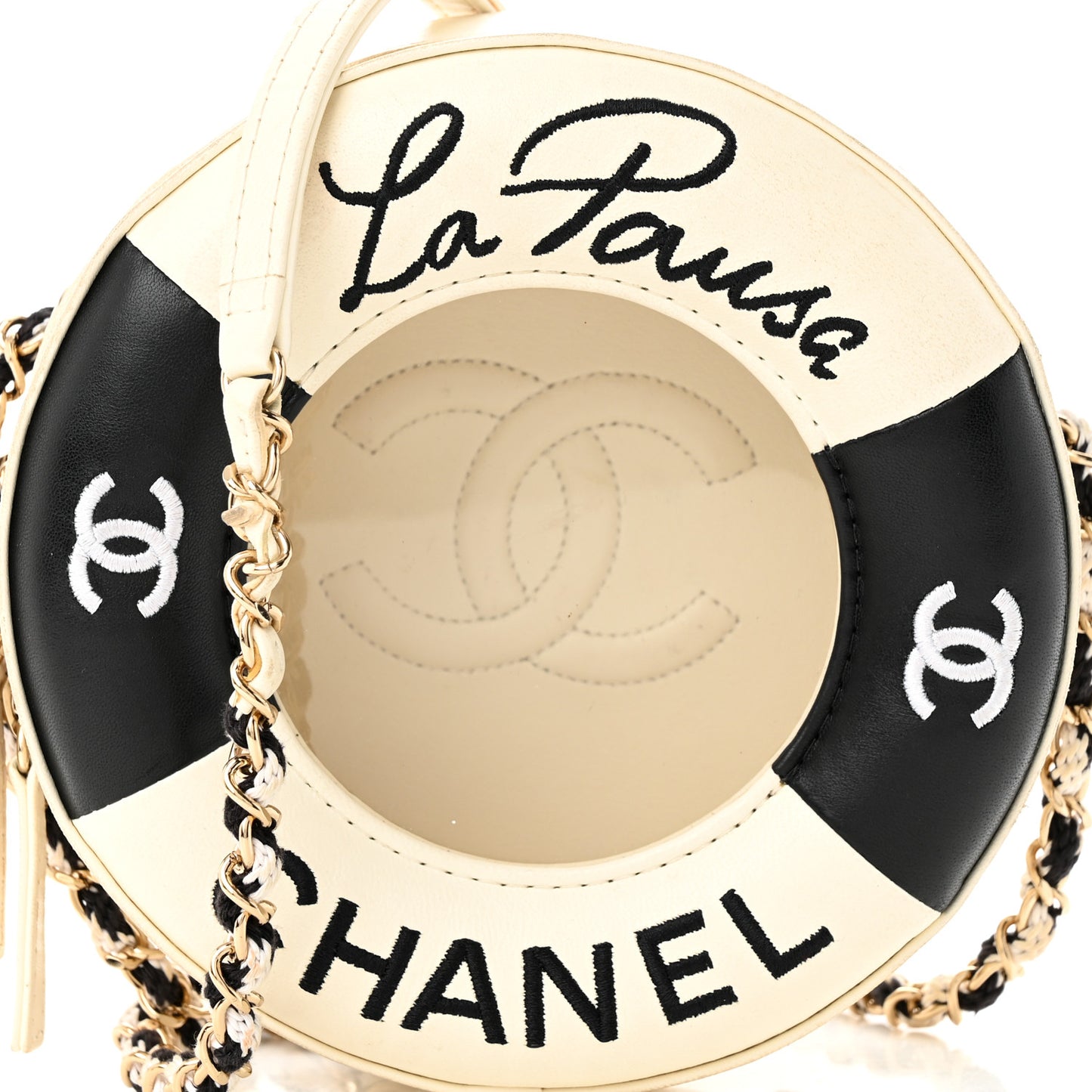 Lambskin Coco Lifesaver Round Bag Black White