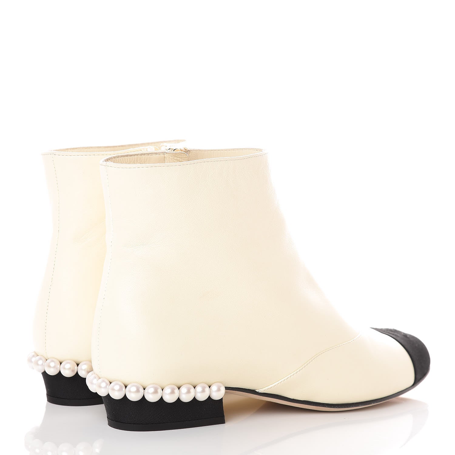 Chanel Lambskin Grosgrain Pearl Cap Toe Short Boots 37 Ivory Black 4 of 9