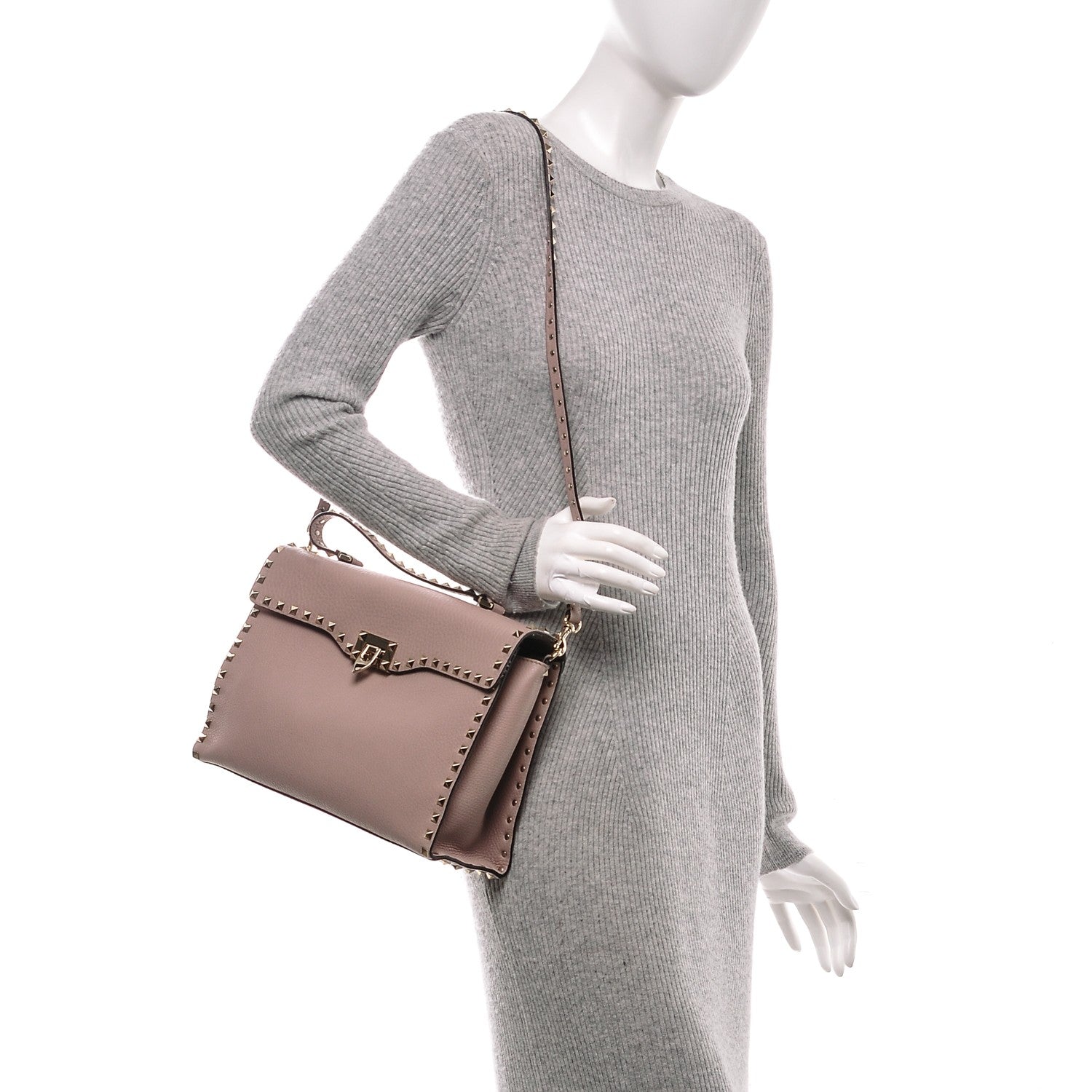 Valentino Garavani Pebbled Calfskin Rockstud Single Handle Flap Bag Poudre 2 of 6