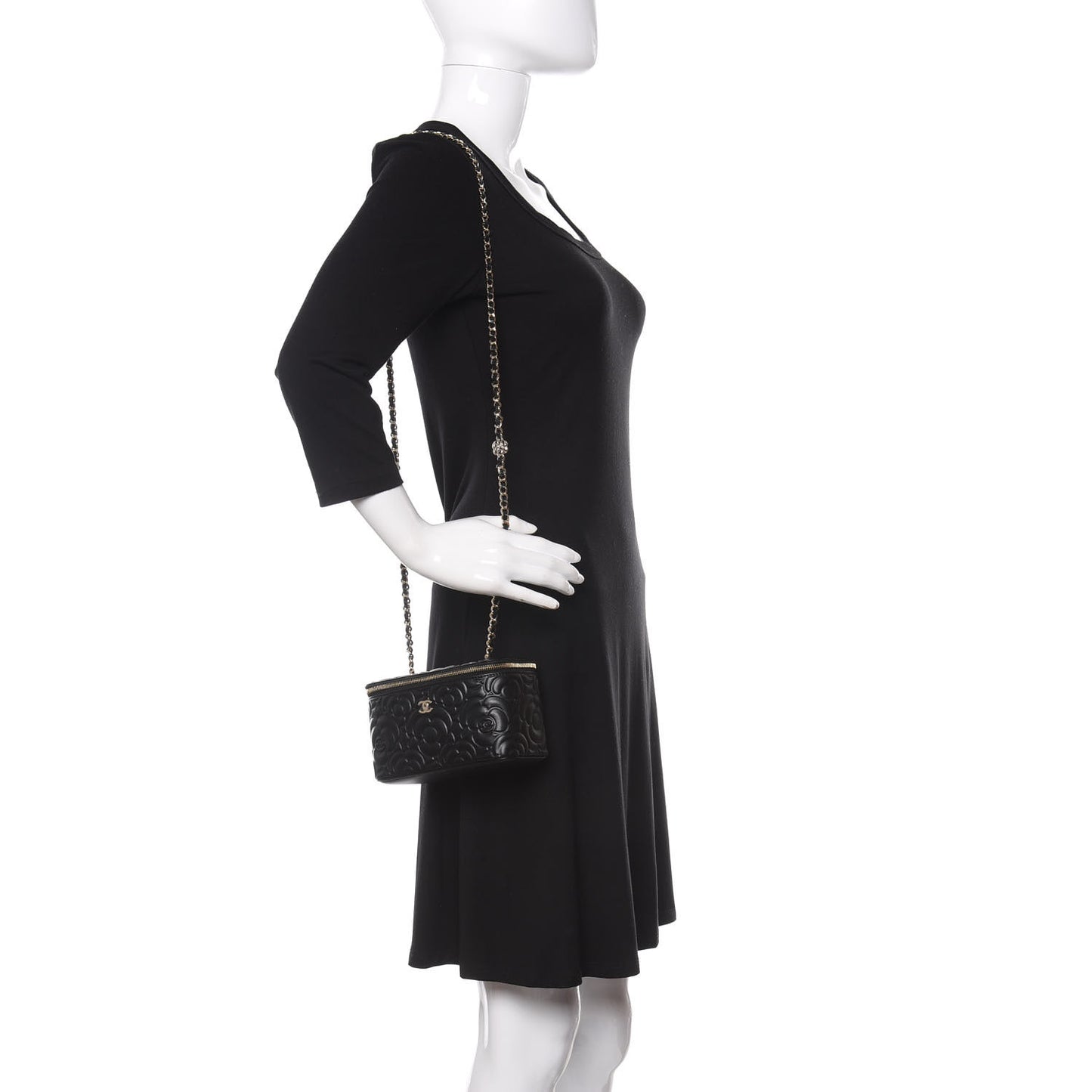 Goatskin Camellia Embossed Quilted Small Vanity Case With Chain Black