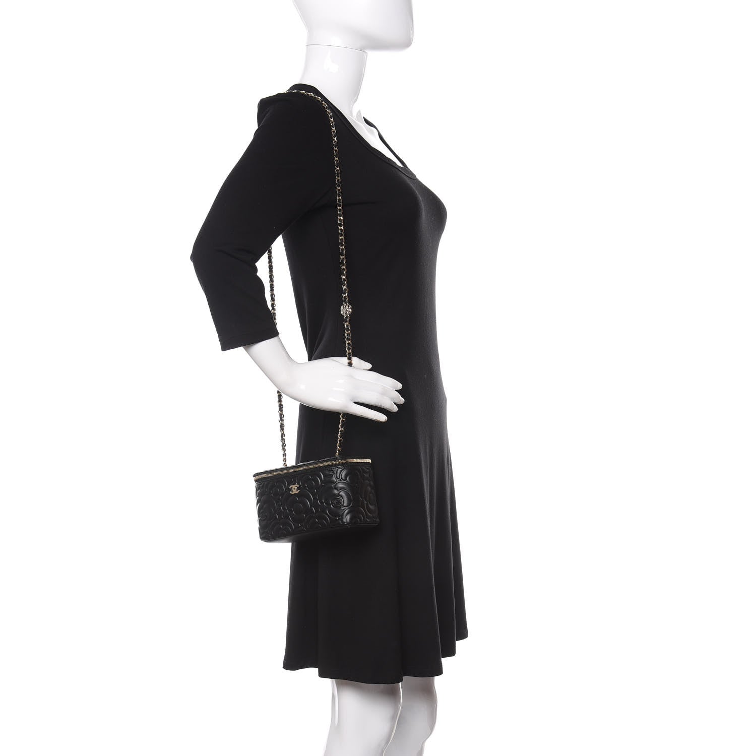 Chanel Goatskin Camellia Embossed Quilted Small Vanity Case With Chain Black 2 of 10