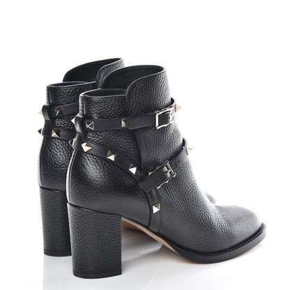 Valentino Garavani Pebbled Calfskin Rockstud Double Buckle 70mm Block Heel Ankle Boots 36.5 Black 4 of 13