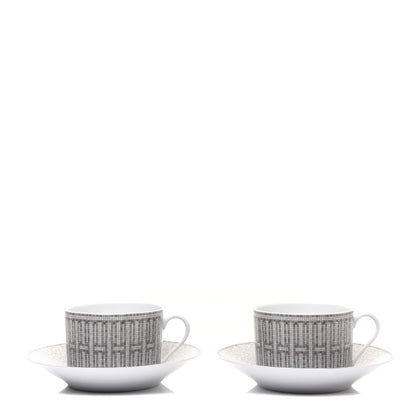 Hermes Porcelain Mosaique Au 24 Platine Tea Cup And Saucer Set Of 2 Platinum 1 of 8