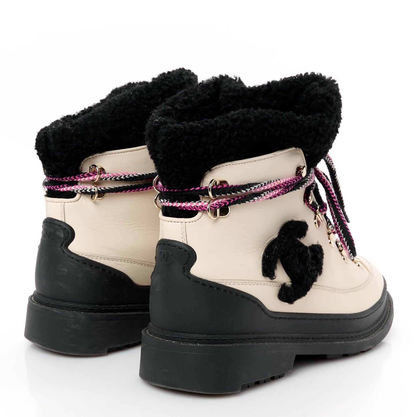 Calfskin Shearling CC Lace Up Boots 38 Black White