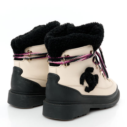 Chanel Calfskin Shearling CC Lace Up Boots 38 Black White 4 of 10