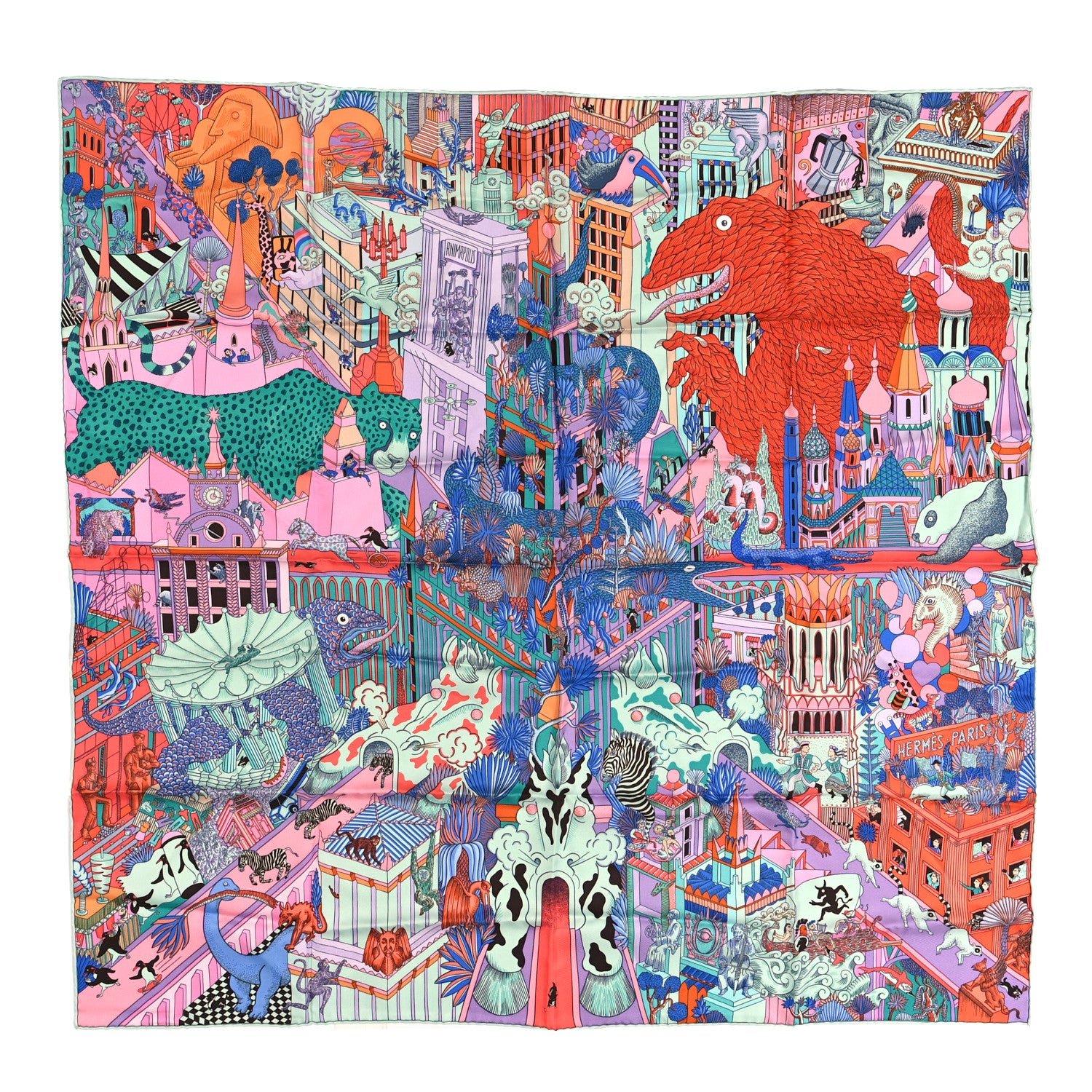 Hermes Silk Animapolis Scarf 90 Bleu Lavande Vert 1 of 3