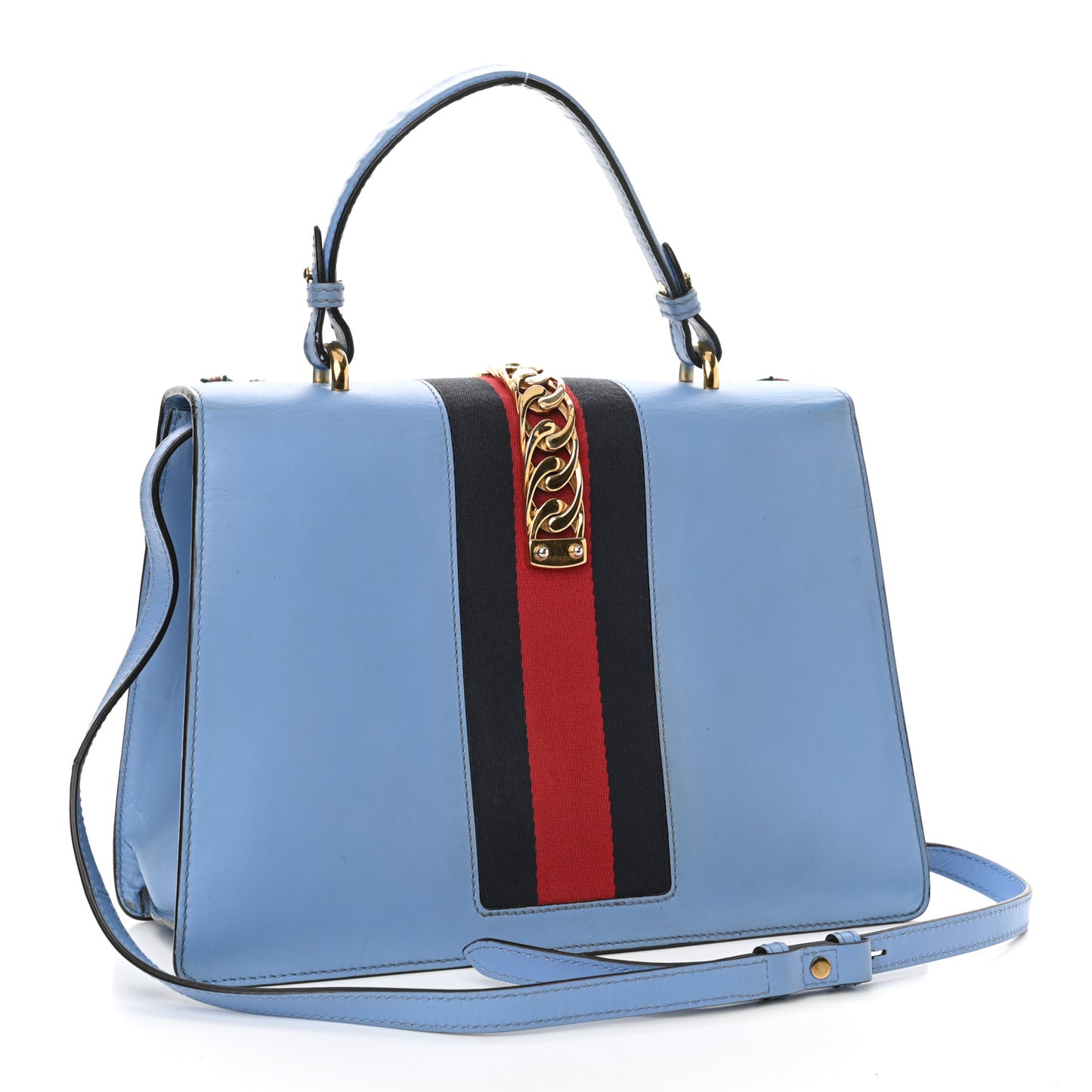 Calfskin Embroidered Medium Sylvie Top Handle Bag Clear Sky Blue
