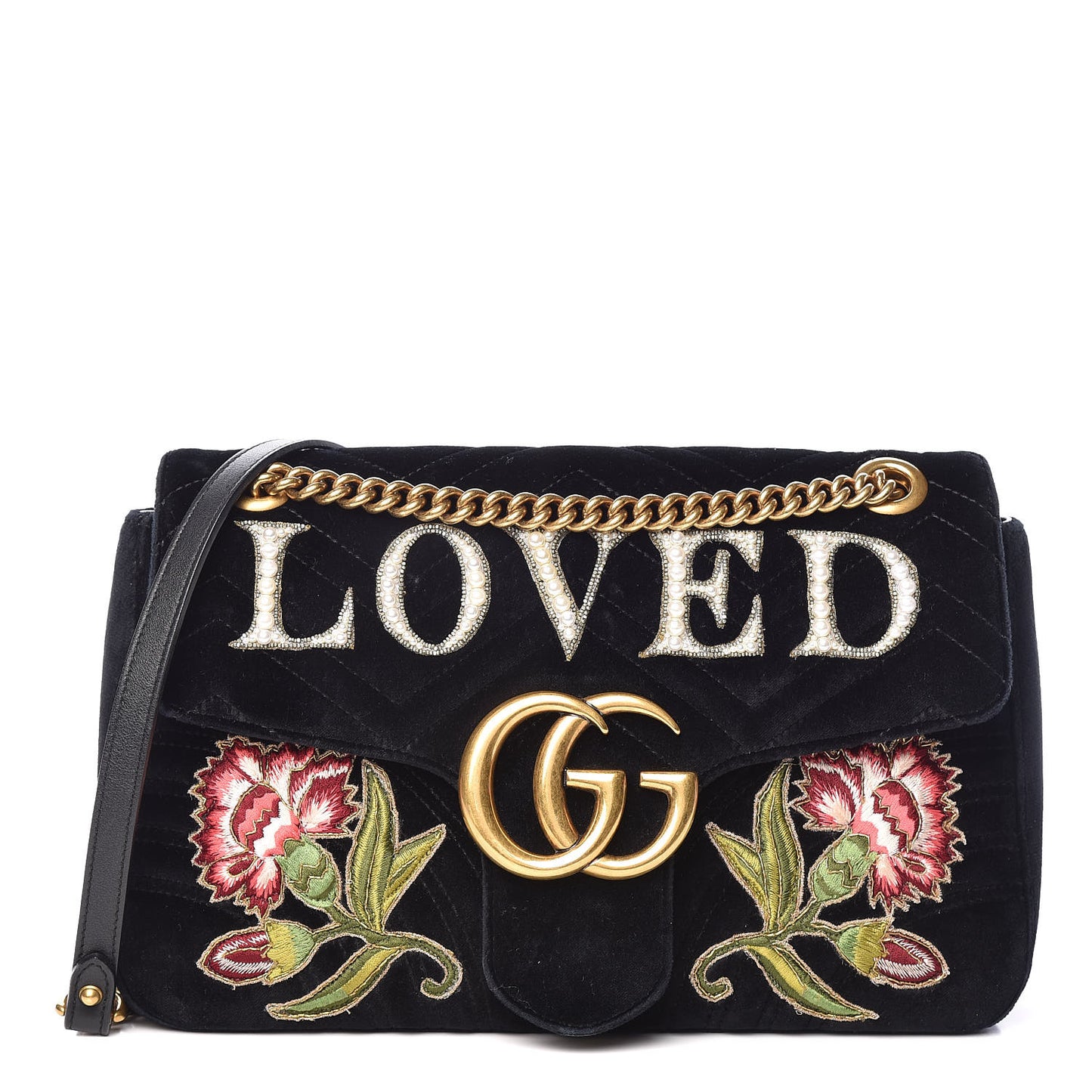 Velvet Matelasse Loved Embroidered Medium GG Marmont Shoulder Bag Black
