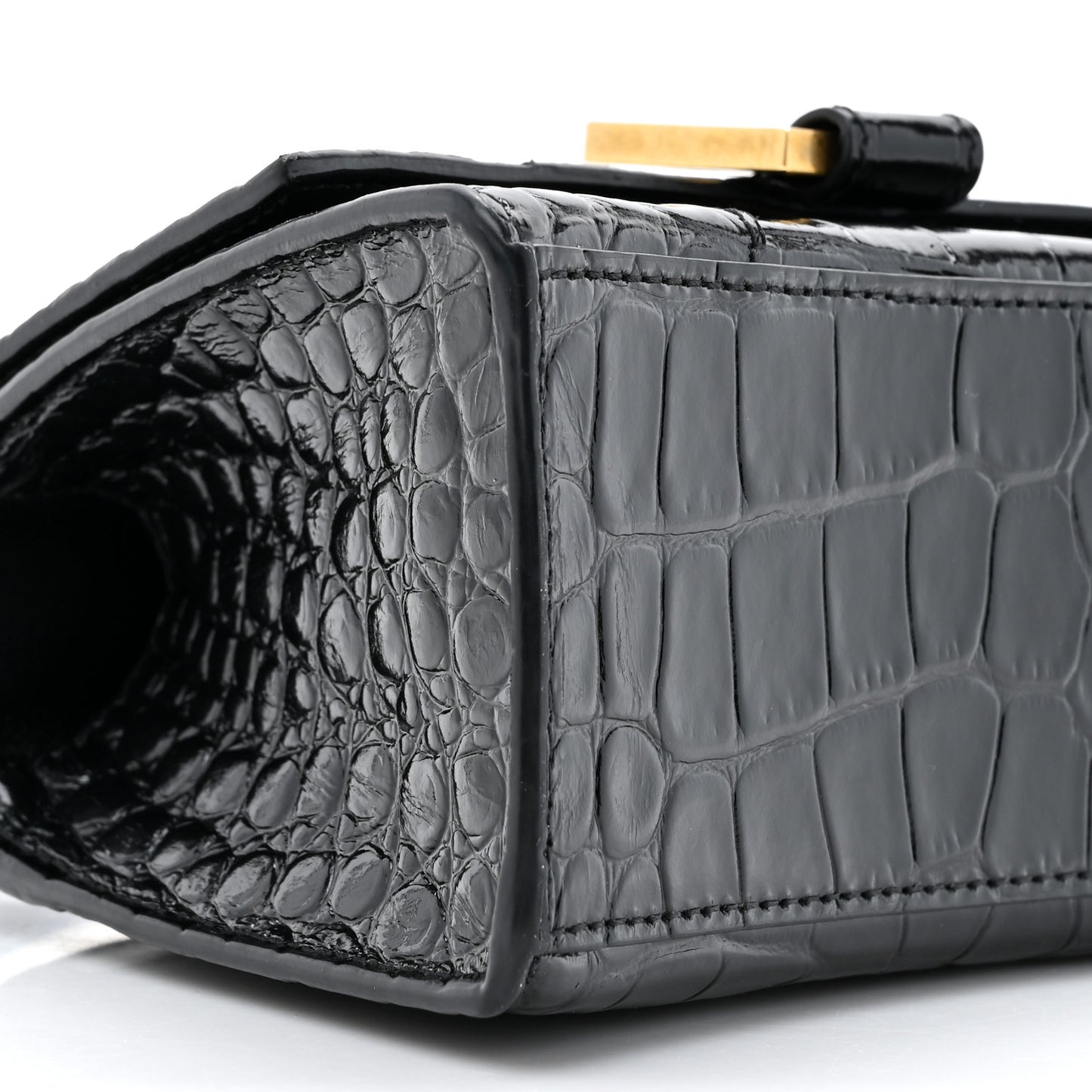 Shiny Calfskin Crocodile Embossed Hourglass Top Handle Bag XS Black