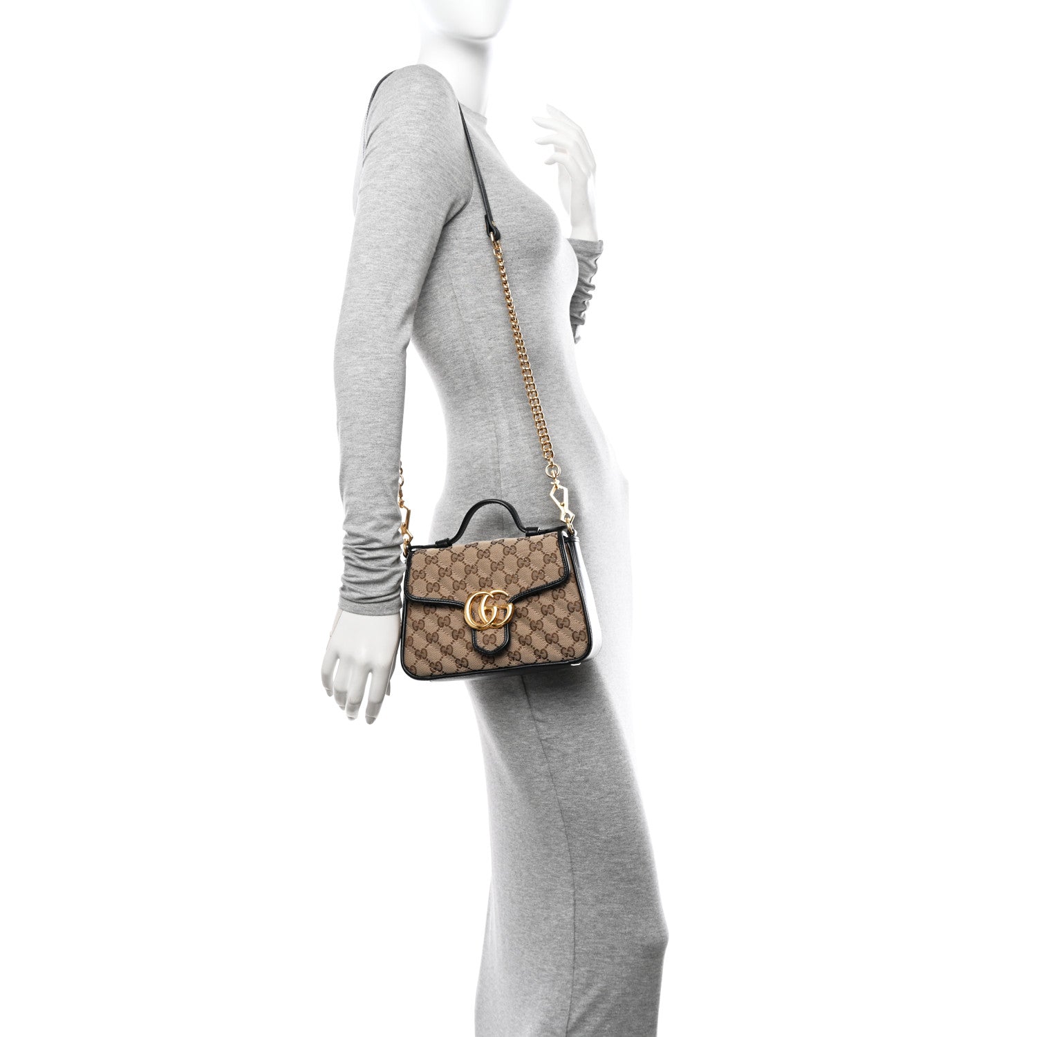 Gucci Monogram Azalea Calfskin Matelasse Diagonal Mini GG Marmont Top Handle Shoulder Bag Beige Ebony Black 2 of 10