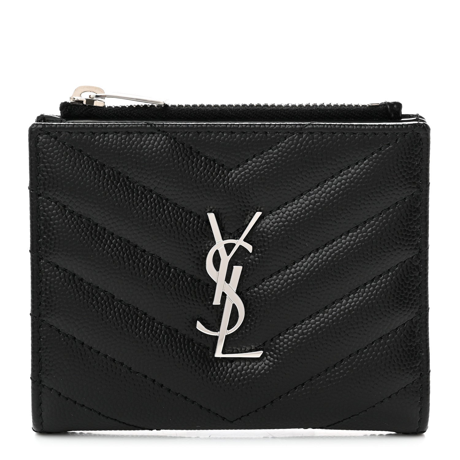 Saint Laurent Grain De Poudre Matelasse Chevron Monogram Zipped Card Case Black 1 of 8