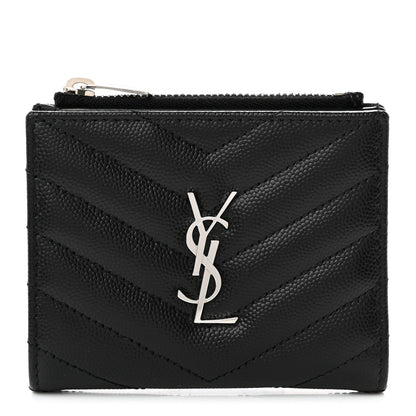 Saint Laurent Grain De Poudre Matelasse Chevron Monogram Zipped Card Case Black 1 of 8
