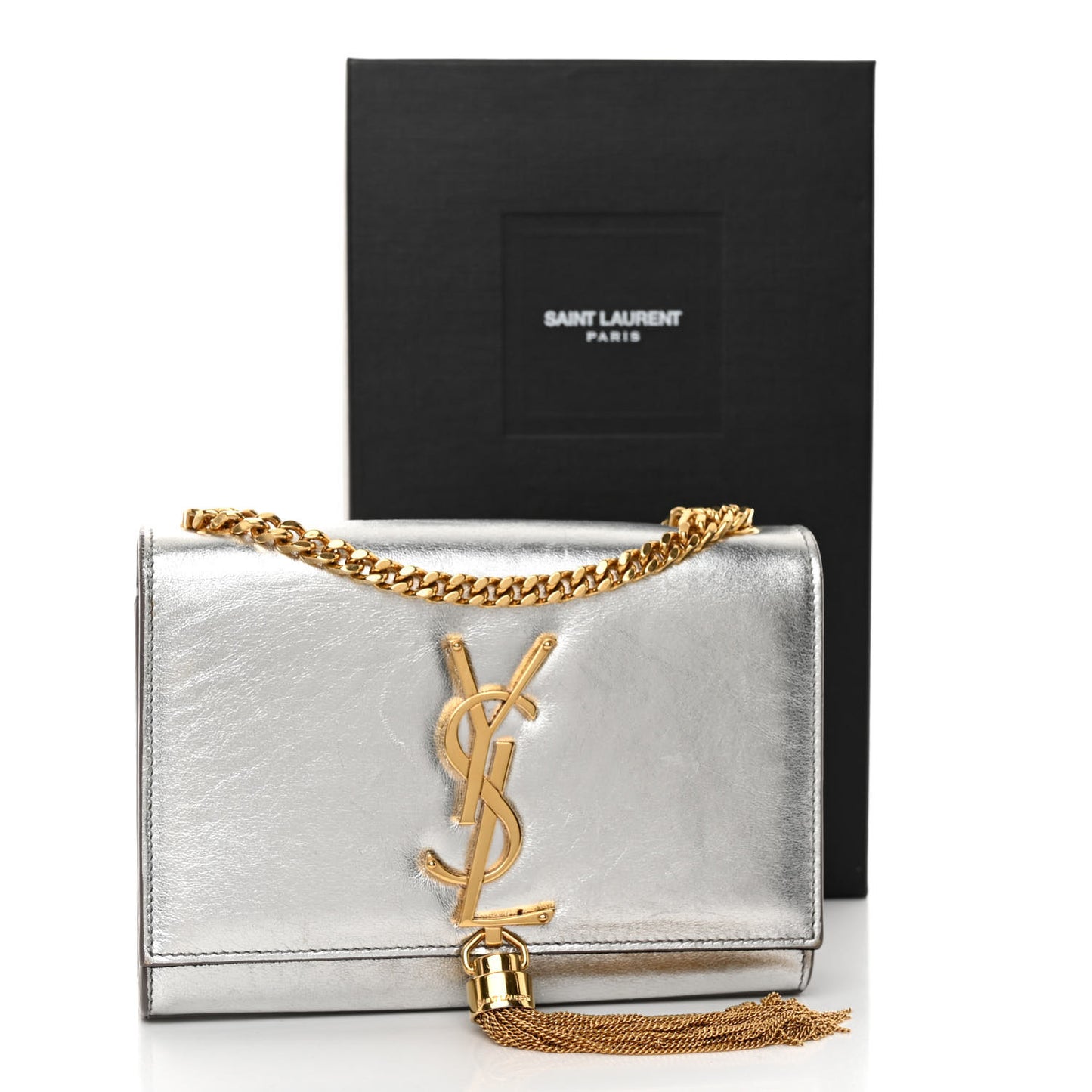 Metallic Calfskin Small Classic Monogram Kate Tassel Satchel Silver