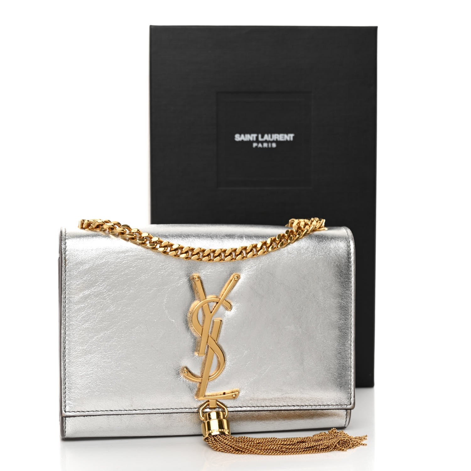 Saint Laurent Metallic Calfskin Small Classic Monogram Kate Tassel Satchel Silver 10 of 10