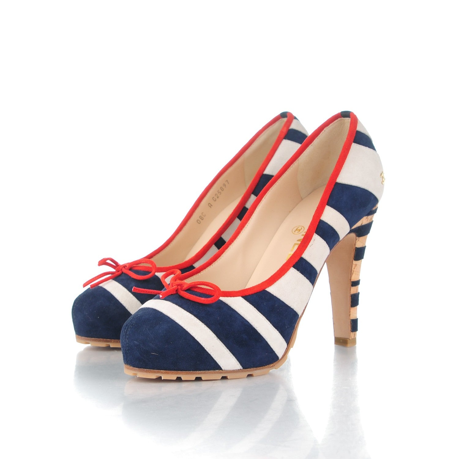 Chanel Suede Cork CC Striped Pumps 39 Navy White 3 of 9