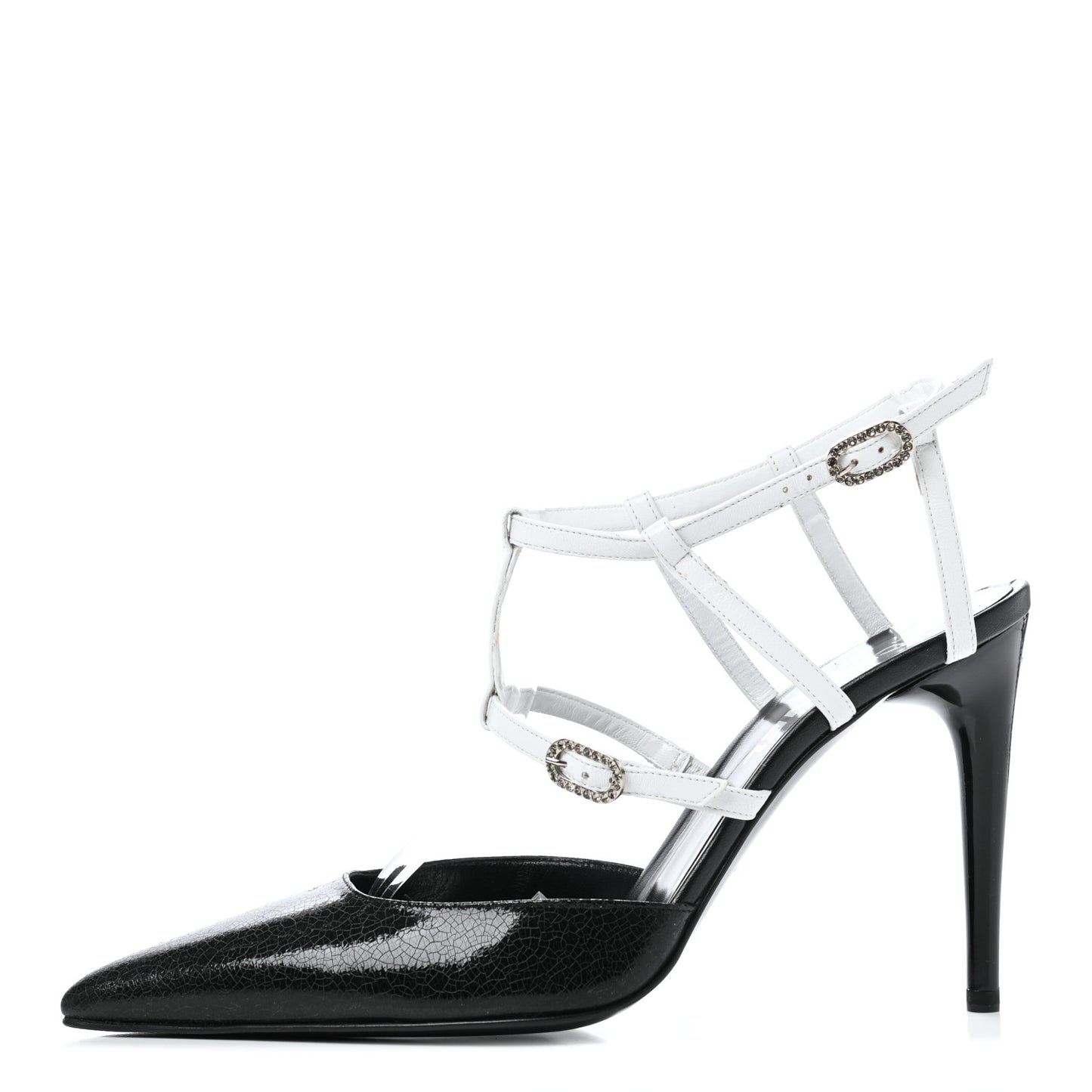 Crackled Calfskin Patent Ankle Strap Pumps 40 Black White