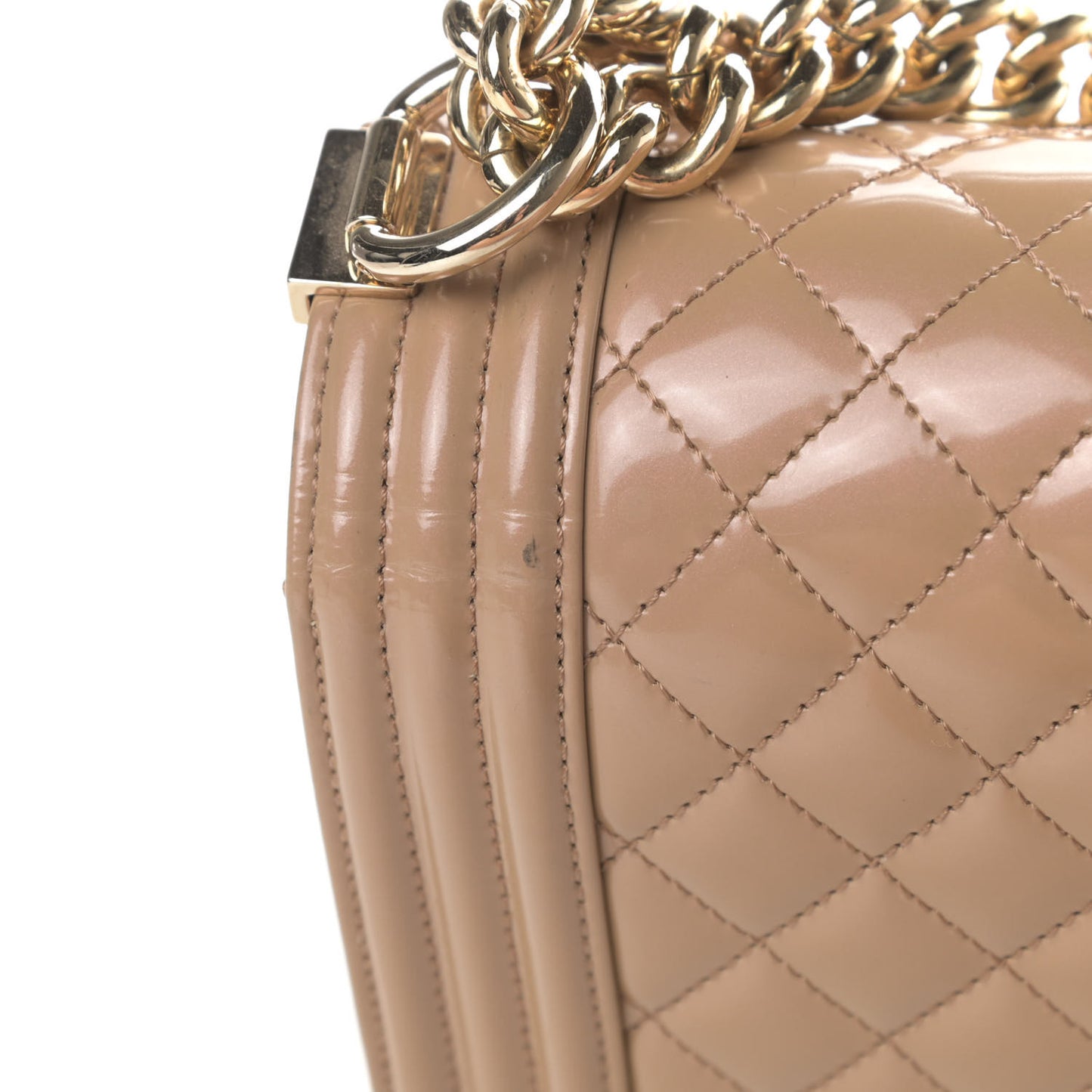 Patent Calfskin Quilted New Medium Boy Flap Beige