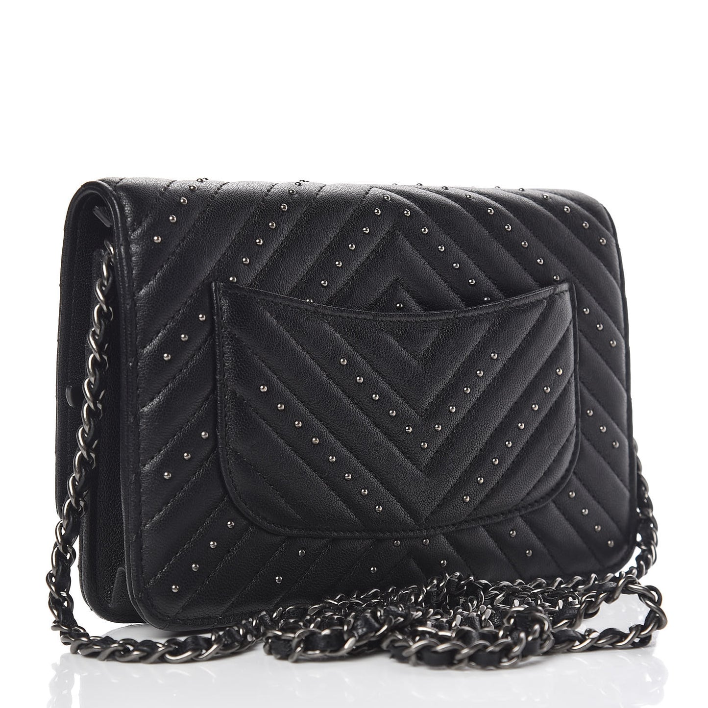 Sheepskin Chevron Quilted Studded Reissue Wallet On Chain WOC Black