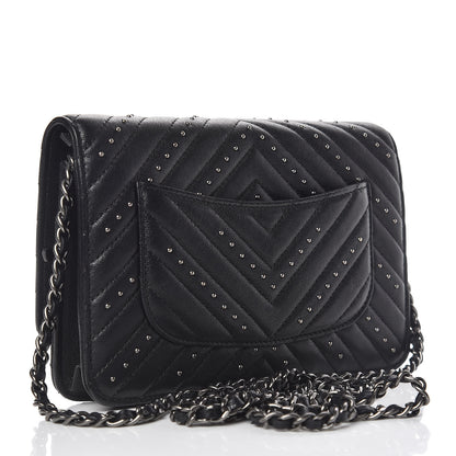 Chanel Sheepskin Chevron Quilted Studded Reissue Wallet On Chain WOC Black 3 of 14
