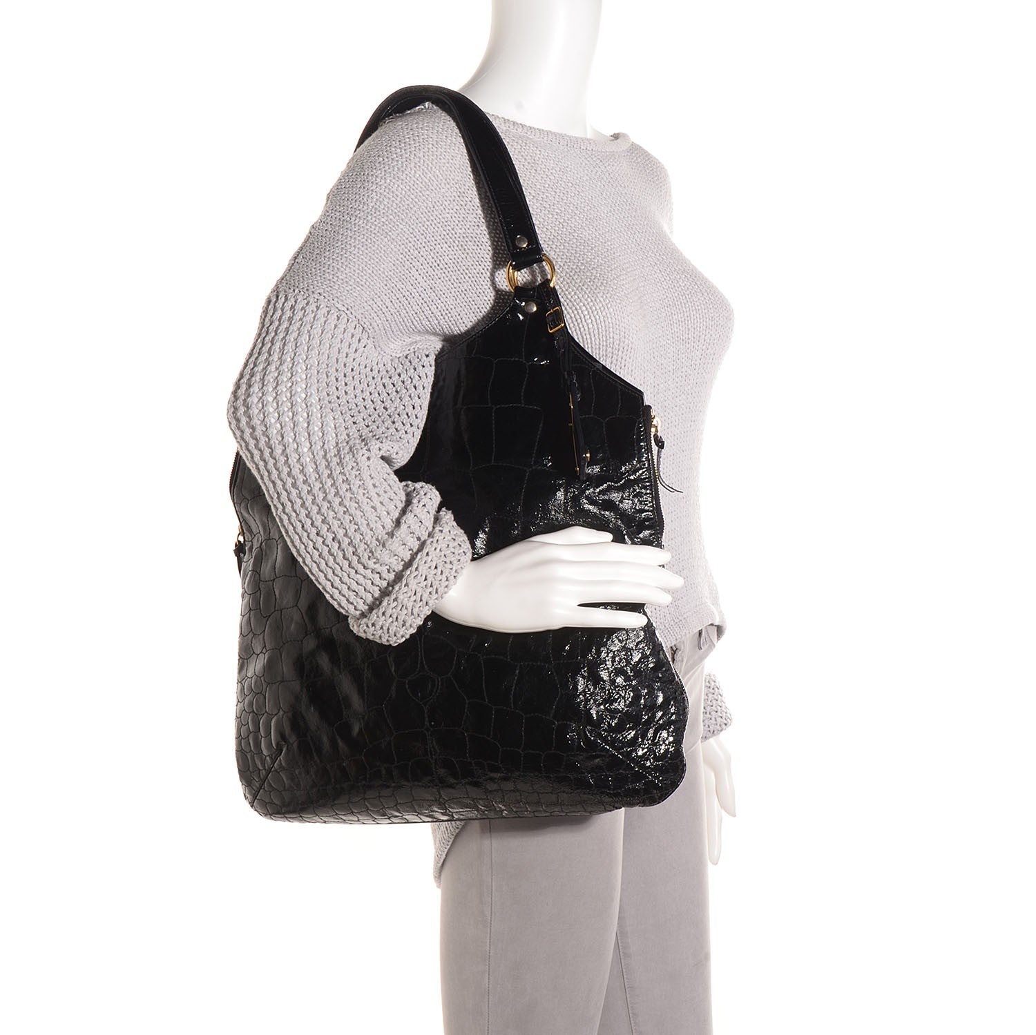 Saint Laurent Patent Crocodile Embossed Tribute Tote Black 2 of 8