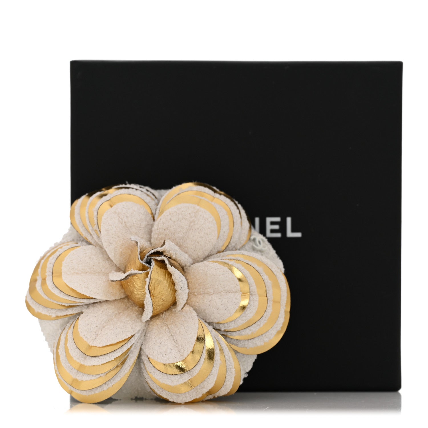 Chanel Tweed Laminated Lambskin Camellia CC Pin Brooch Ivory Gold