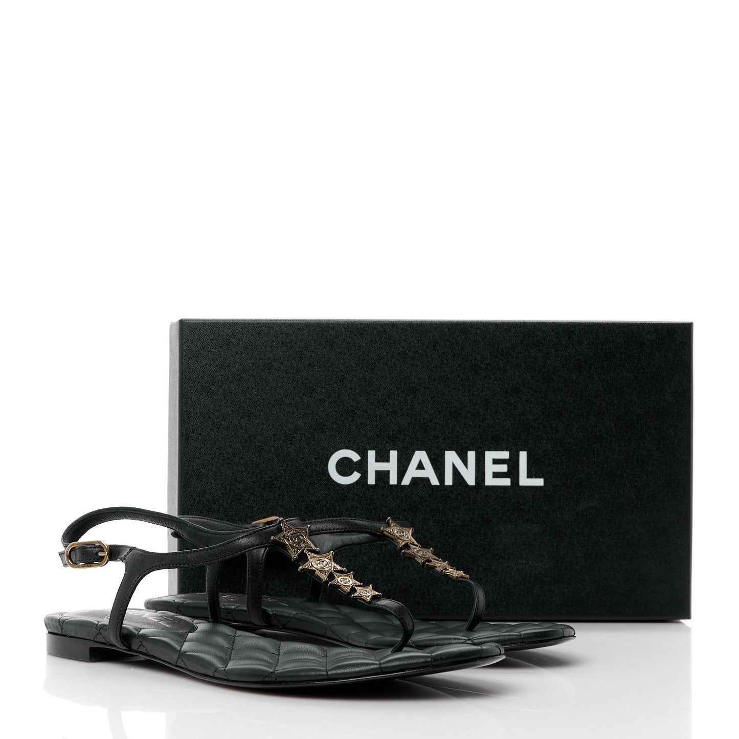 Calfskin Paris Dallas Quilted Star CC Thong Sandals 37 Black