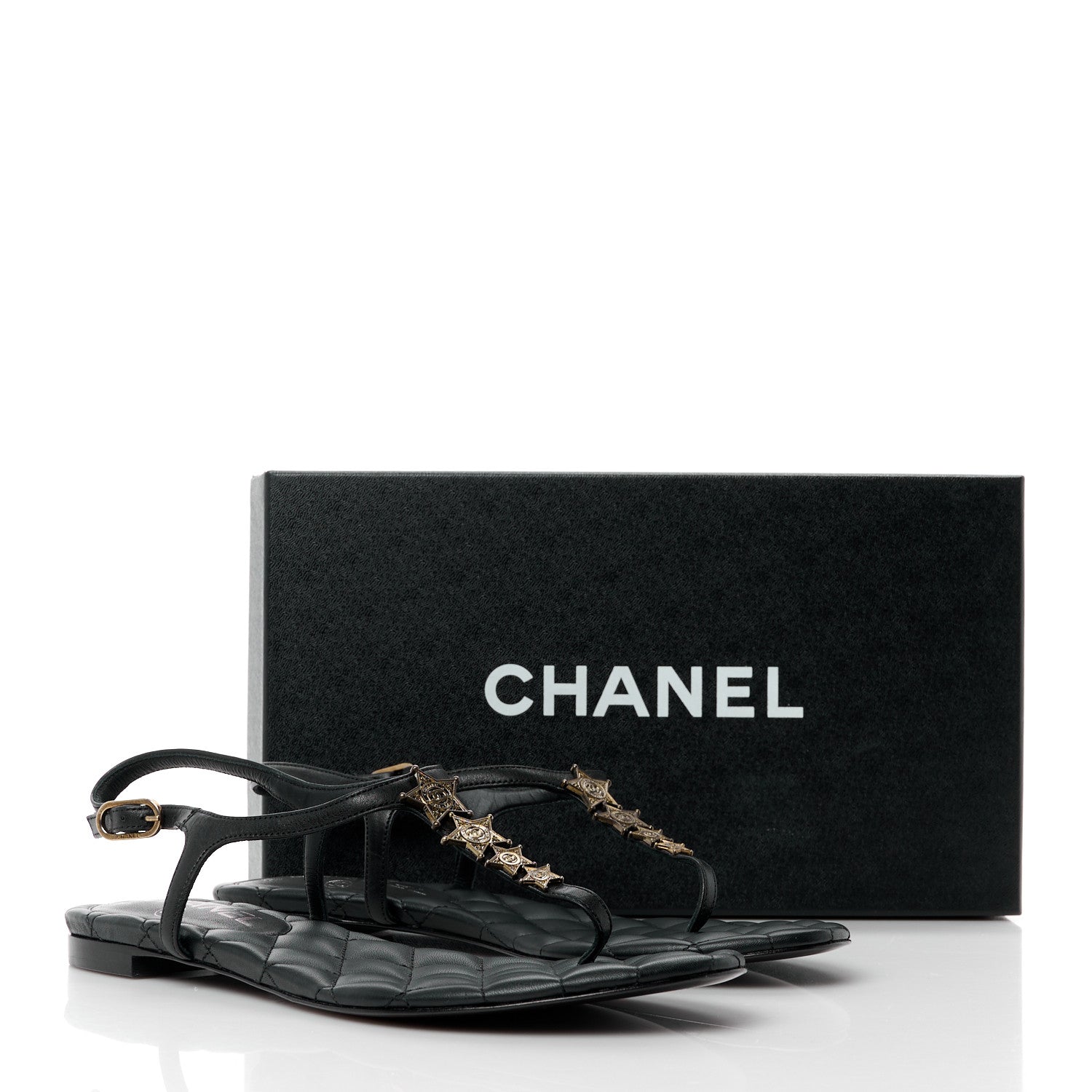Chanel Calfskin Paris Dallas Quilted Star CC Thong Sandals 37 Black 9 of 9