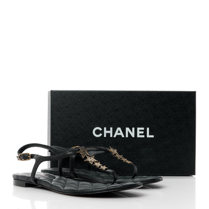 Chanel Calfskin Paris Dallas Quilted Star CC Thong Sandals 37 Black 9 of 9