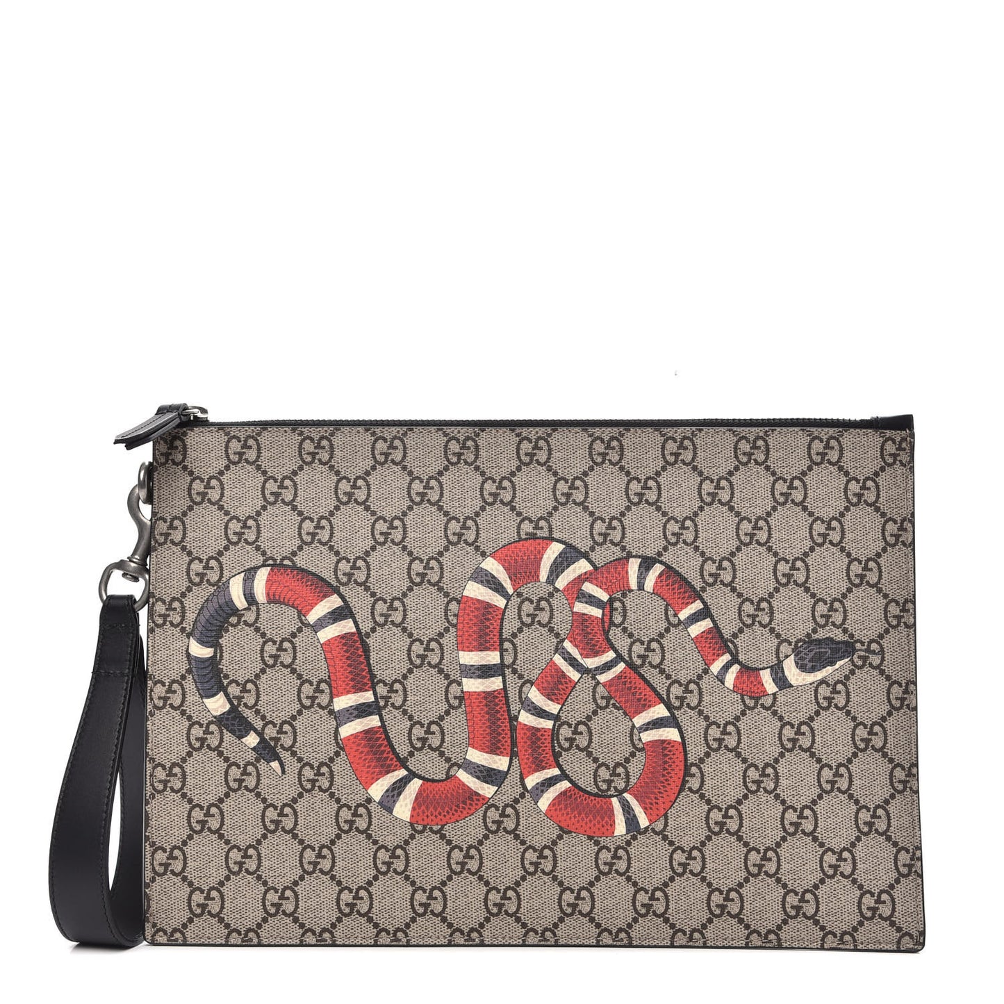 GG Supreme Monogram Kingsnake Zip Wristlet Pouch Beige Black