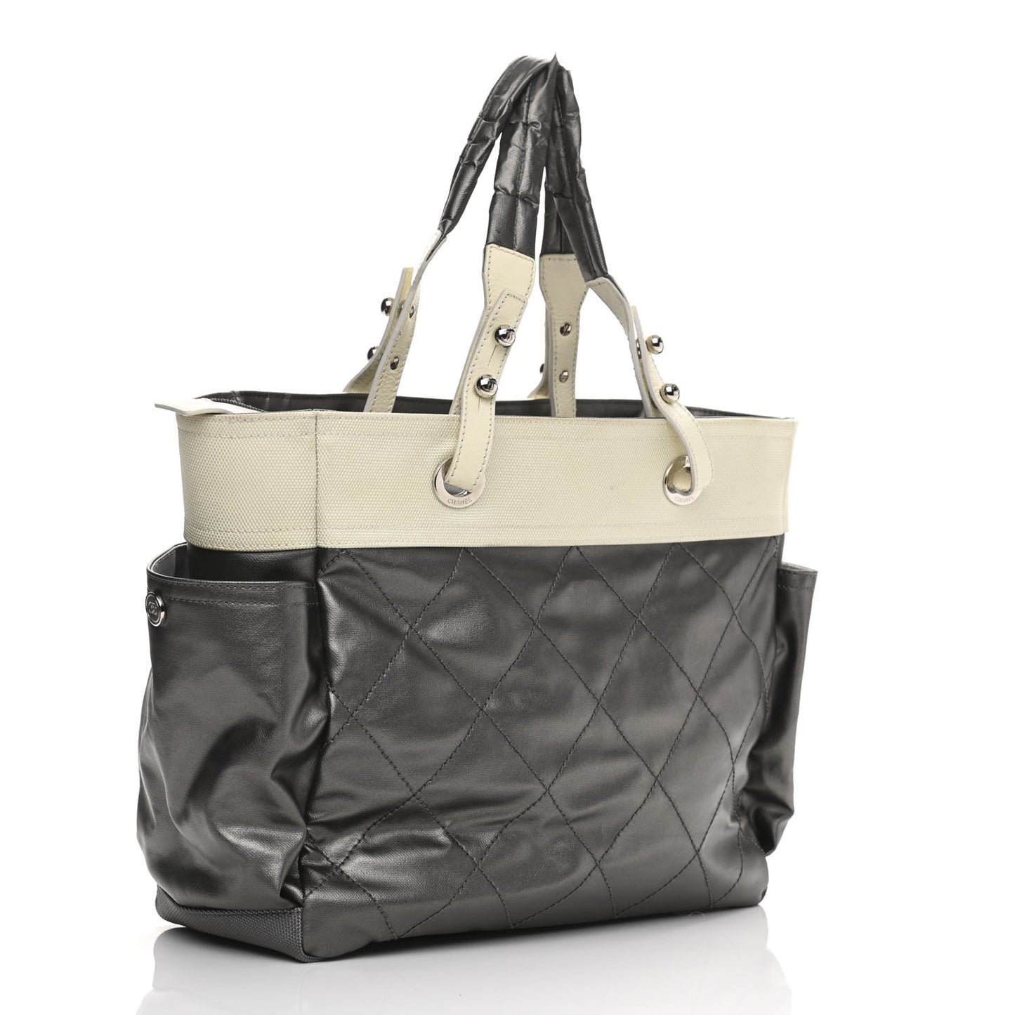 Coated Canvas Quilted Large Paris Biarritz Tote Silver