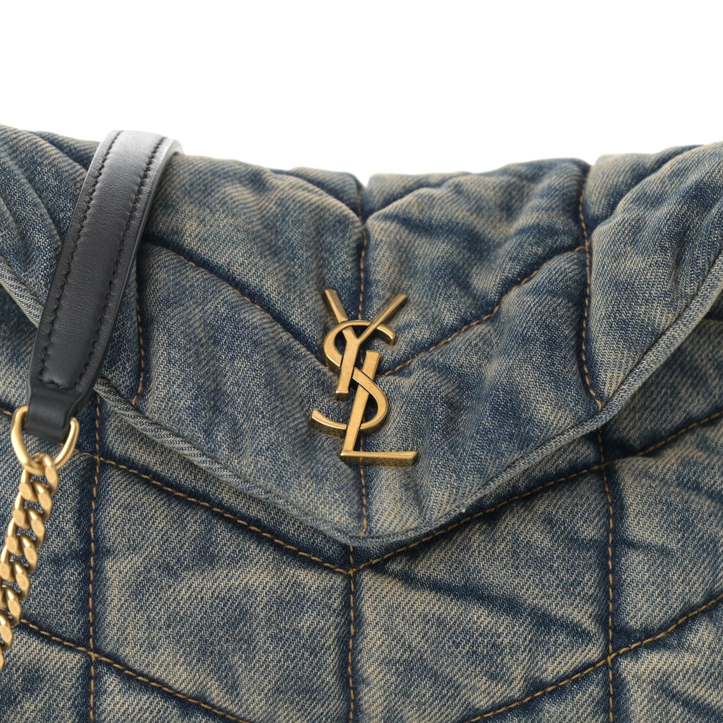 Denim Quilted Toy Loulou Puffer Monogram Chain Satchel Blue Black